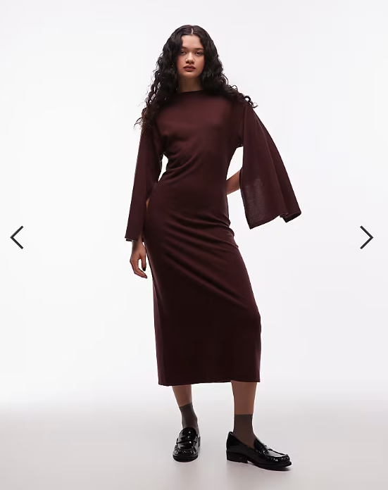 ASOS DESIGN supersoft funnel neck wide sleeves midi dress in chocolate