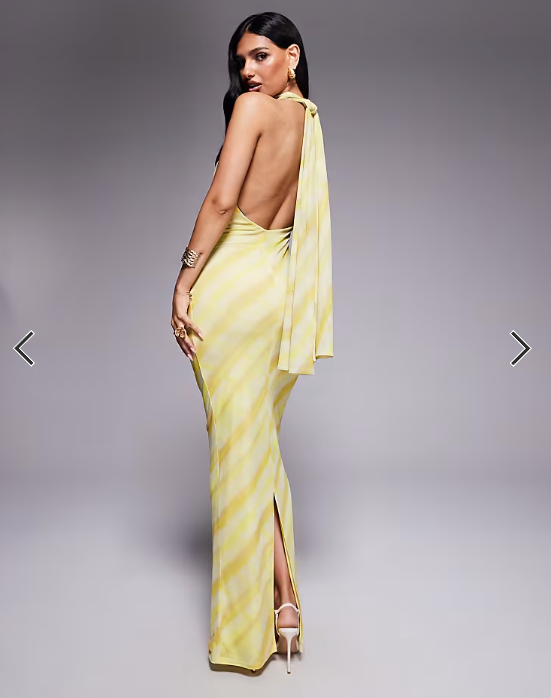 ASOS DESIGN mesh twist bust detail halter maxi dress with tie back neck in blurred stripe print