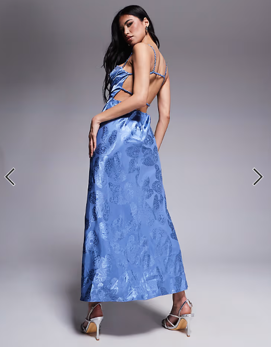 Rare London satin ruched bust open strappy back maxi dress in blue butterfly print