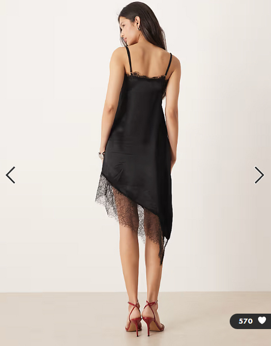 ASOS DESIGN satin lace trim asym hem maxi dress in black