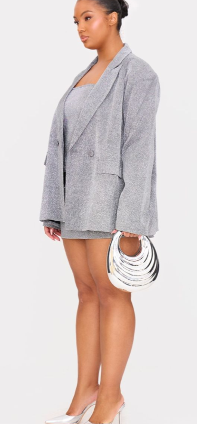 Plt - Plus Silver Glitter Oversized Curved Hem Boxy Blazer