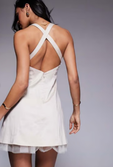 ASOS DESIGN cross back mini dress with mesh underskirt in stone