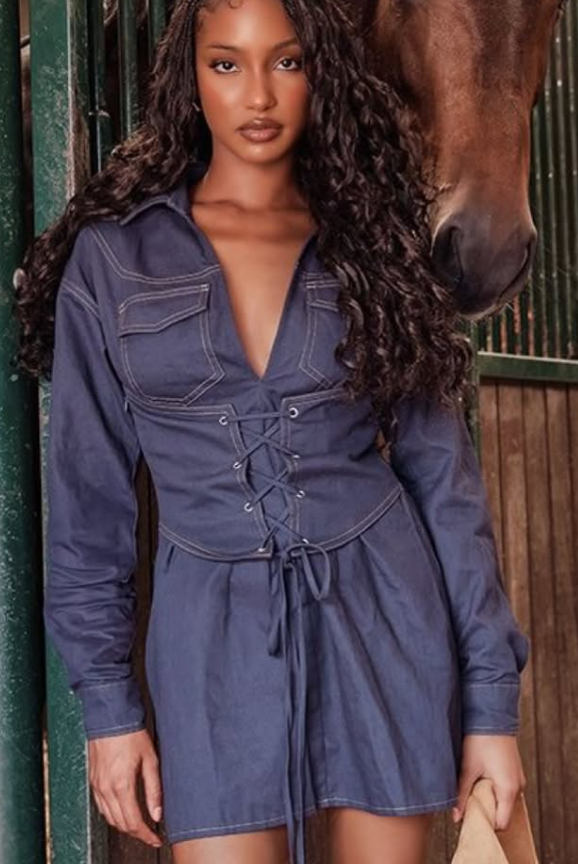 PLT - Dark Blue Contrast Stitch Denim Look Corset Shirt Dress