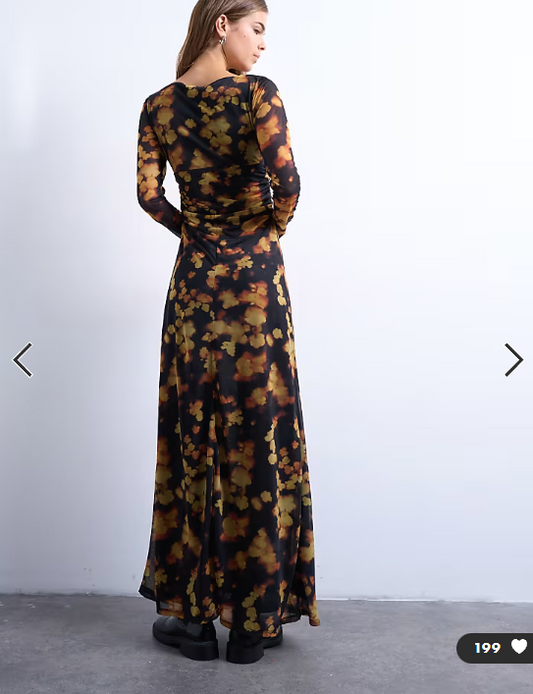 Topshop blurred floral print long sleeve maxi dress in black
