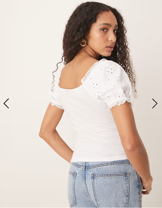 ASOS DESIGN puff sleeve broderie milkmaid top with lace trim in white