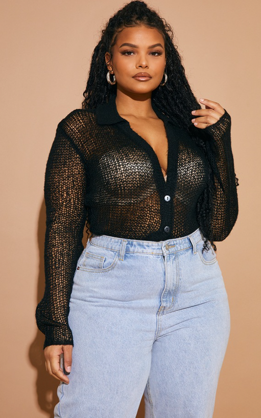 Plus Black Fine Knit Button Plunge Shirt