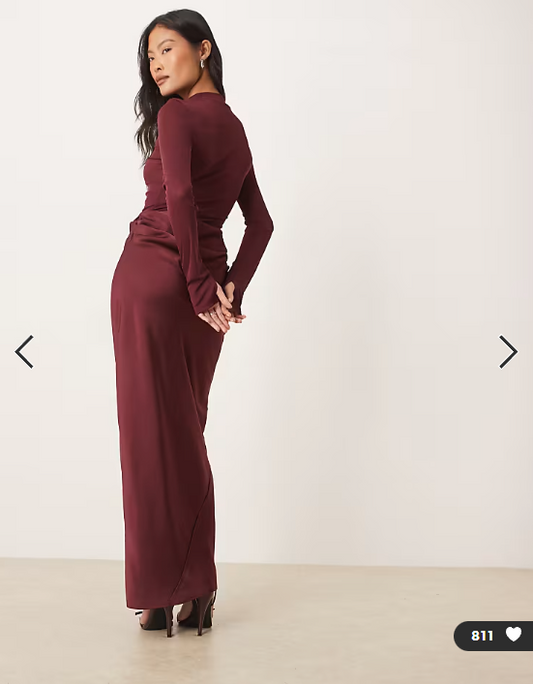 ASOS DESIGN Petite sheer high neck bodice drape satin maxi dress in berry