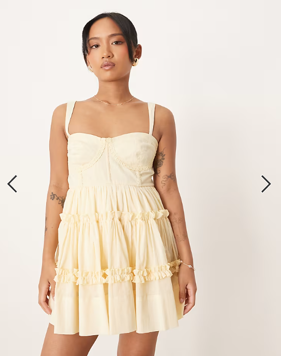 Lace & Beads Petite cotton corset ruffle mini dress in lemon