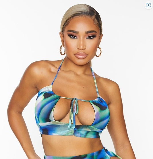 Shape Blue Abstract Print Mesh Halterneck Cut Out Crop Top