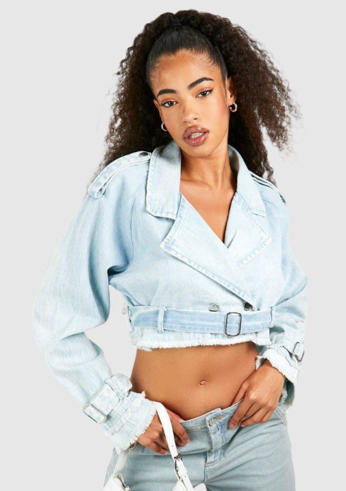 Boohoo Crop Denim Trench Coat - light blue