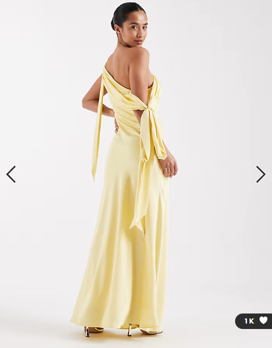 TFNC Petite Bridesmaids fallen shoulder satin maxi dress in yellow