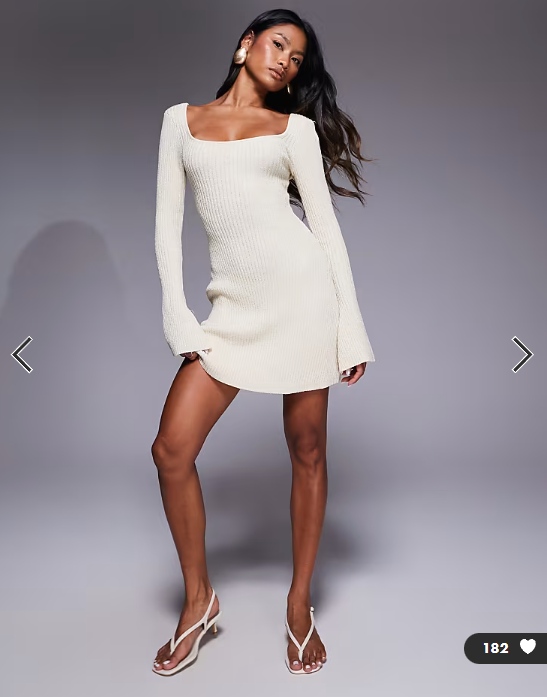 Princess Polly Brownhall ribbed knit flare sleeve open tie back mini dress in beige