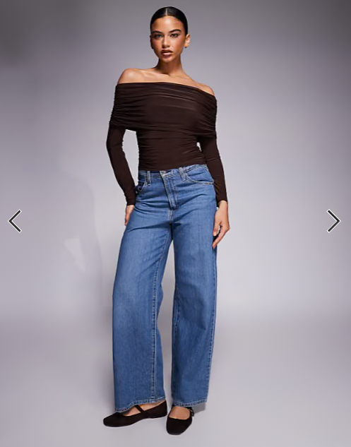 ASOS DESIGN slinky drape bardot long sleeve top in chocolate