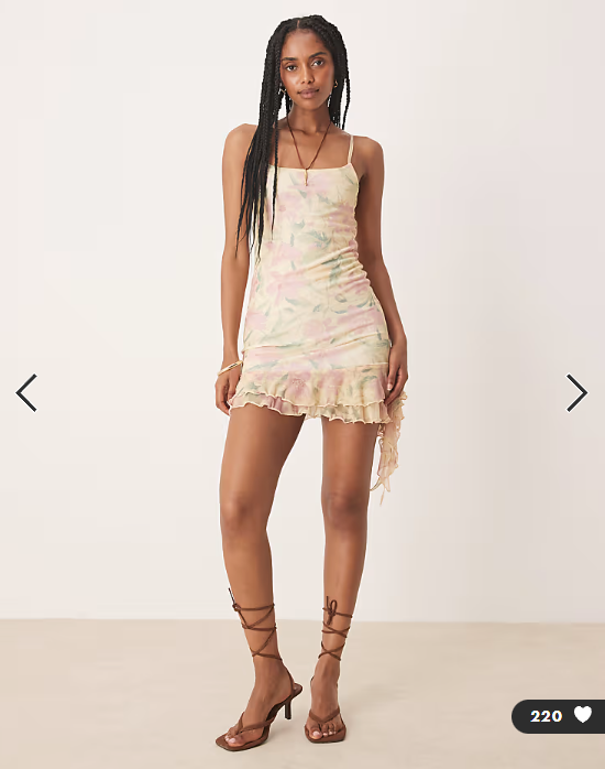 ASOS DESIGN mesh cowl neck mini dress with ruffle hem in pink ditsy print