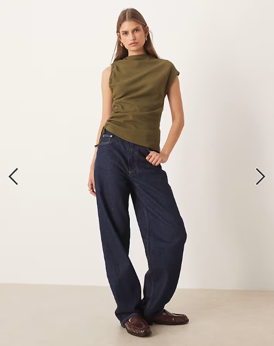 ASOS DESIGN rib grown on neck top with ruched side in khaki