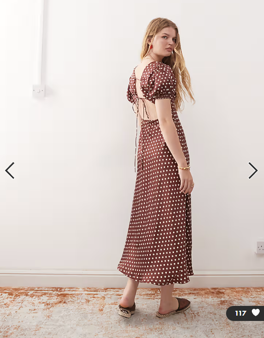 Reclaimed Vintage midi tea dress with puff sleeve and cross back in brown polka dot