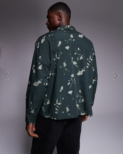ASOS DESIGN oversized revere shirt with floral digital print in dark green