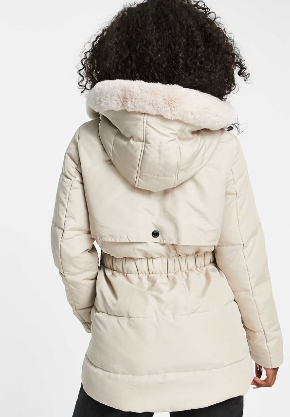 Morgan padded coat with faux fur hood in cream