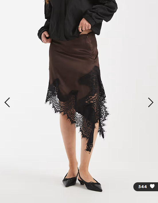 ASOS DESIGN satin asym lace trim mini skirt in chocolate