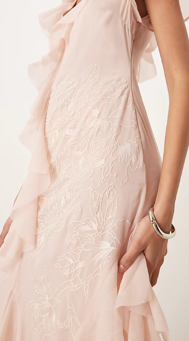 ASOS DESIGN angel sleeve ruffle embroidered maxi dress in dusky pink