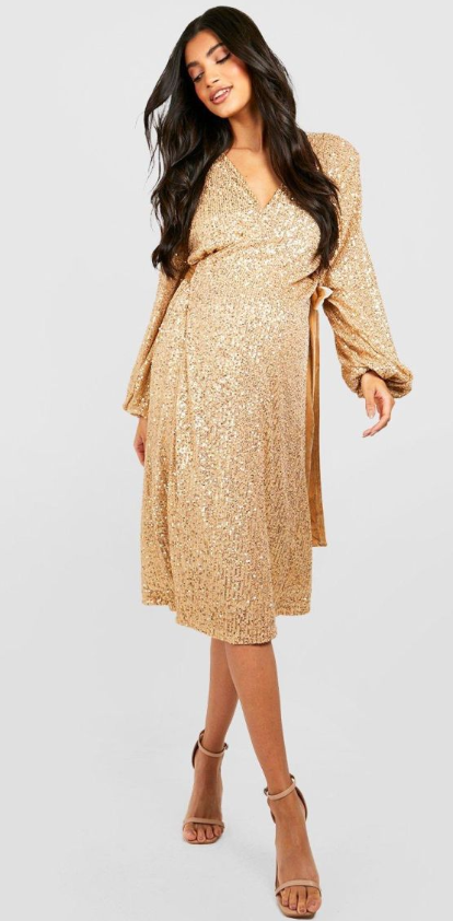 Boohoo Maternity Sequin Puff Sleeve Belt Midi Dress - bronze