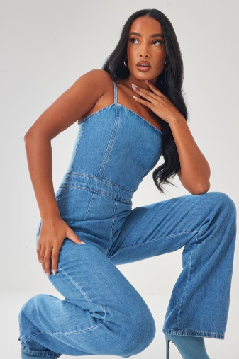 Mid Blue Wash Strappy Back Detail Denim Jumpsuit