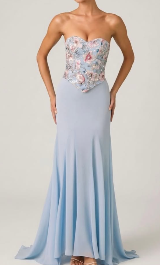 OhPolly-Embellished Corset Fishtail Gown in Floral Blue