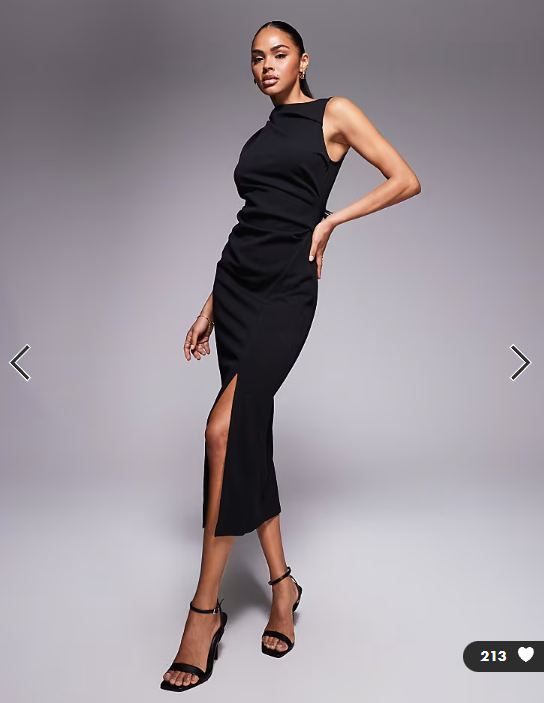 ASOS DESIGN slash neck ruched midi dress in black