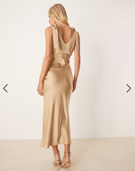 Pretty Lavish bow shoulder satin midaxi dress in gold