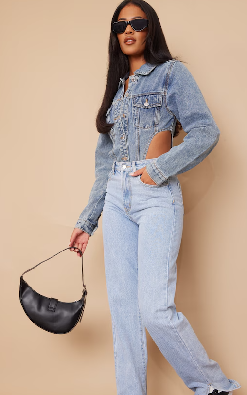 Tall Acid Blue Wash Denim Jacket High Bodysuit