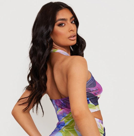 Purple Abstract Print Slinky Acetate Halterneck Bralet
