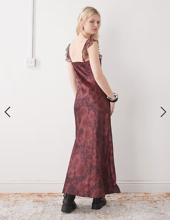 Reclaimed Vintage maxi cami tea dress with flutter lace sleeves in burgundy red floral print