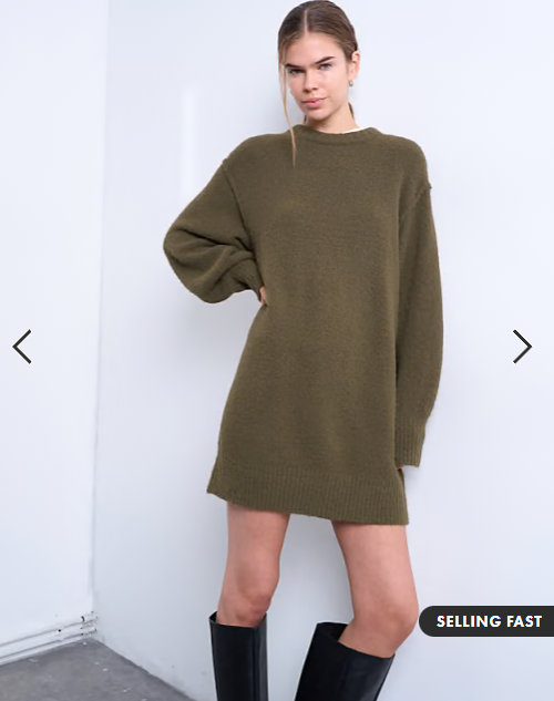 Topshop knitted wool crew neck mini dress in khaki