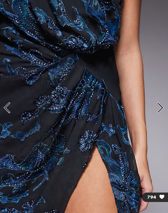 ASOS DESIGN bandeau drape devore embellished mini dress in dark blue floral print