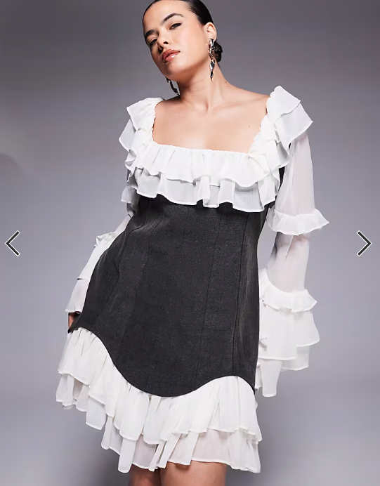 ASOS LUXE Curve denim corset mini dress with chiffon sleeves and hem in black