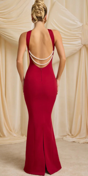 Oh Polly -  Xanthia Pearl-Detail Halterneck Maxi Dress in True Red