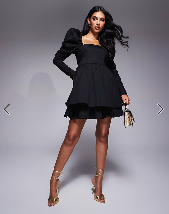 ASOS LUXE cotton sateen structured skater mini dress in black