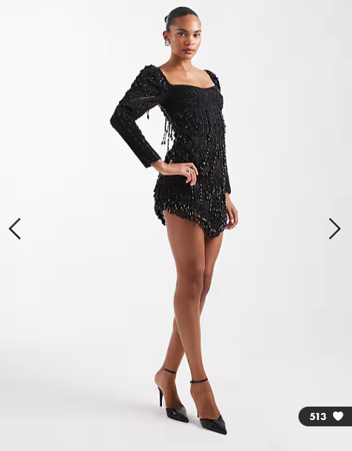 ASOS DESIGN embellished panelled mini dress with beaded fringe in black