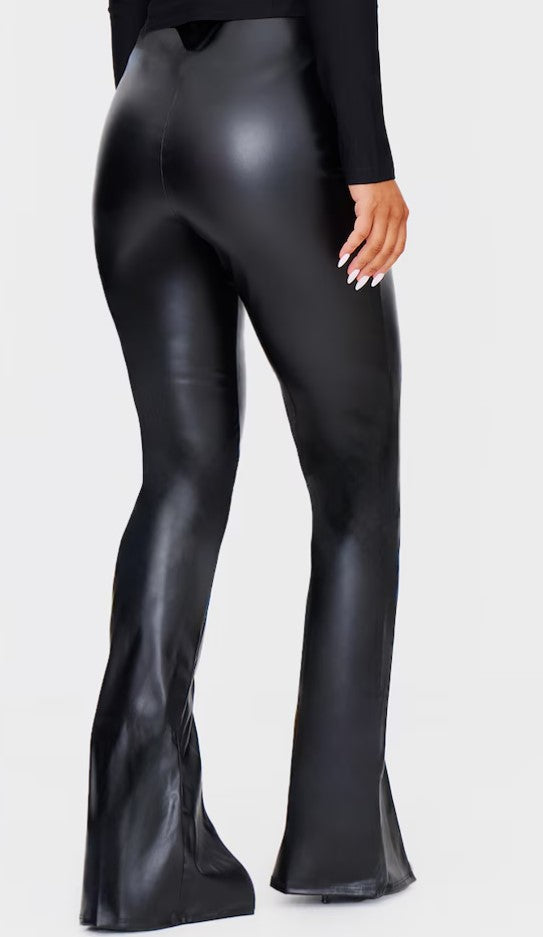 Black Faux Leather Seam Detail Split Hem Trousers