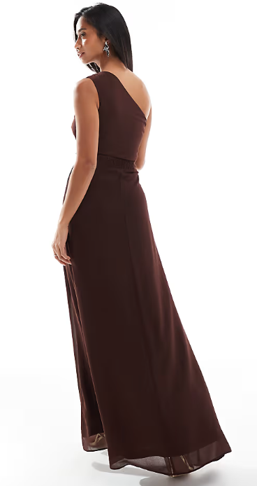 Asos - TFNC Petite Bridesmaid chiffon maxi dress with wrap skirt in chocolate