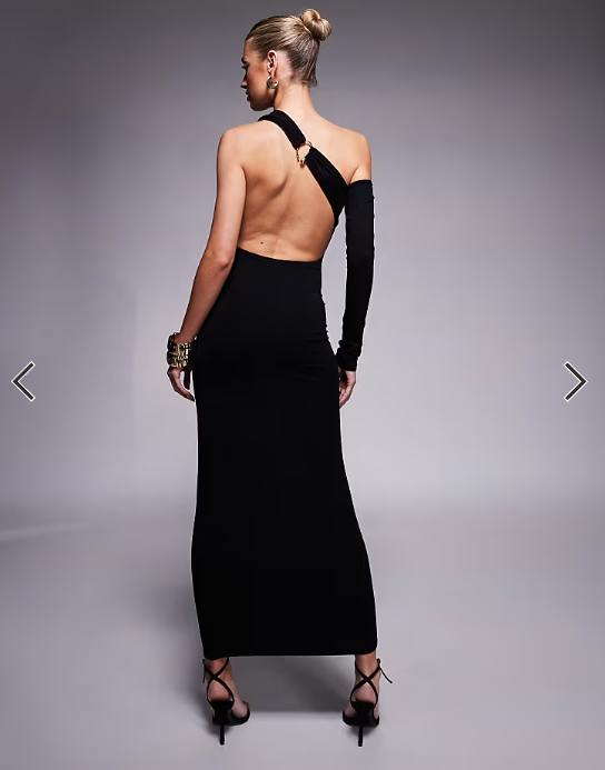 ASOS DESIGN long sleeve asymmetric drape side detail midi dress with trim back in black