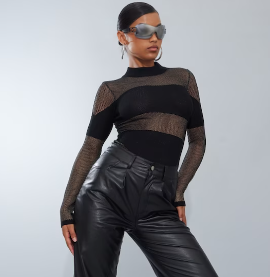 Black Sheer Knit Contrast Panel Bodysuit