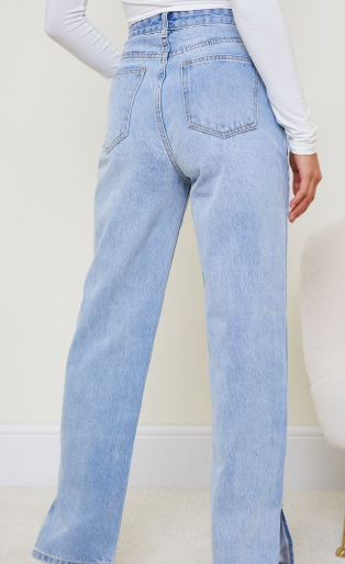 Petite Light Blue Wash Ripped Split Hem Straight Leg Jeans
