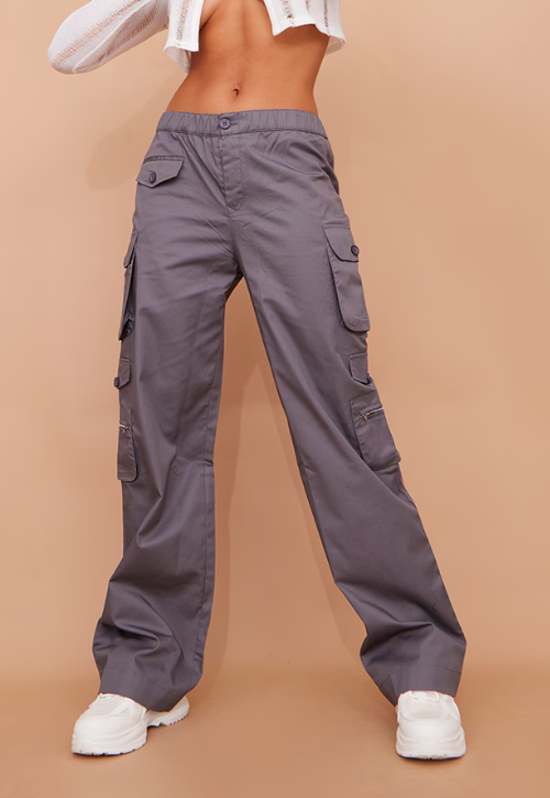 Grey Elasticated Waist Low Rise Cargo'S