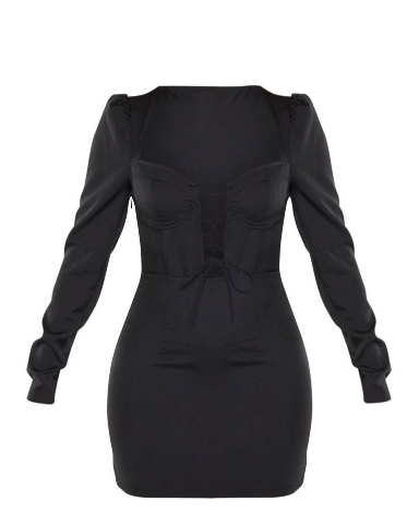 Black Lace Up Cup Detail Long Sleeve Bodycon Dress