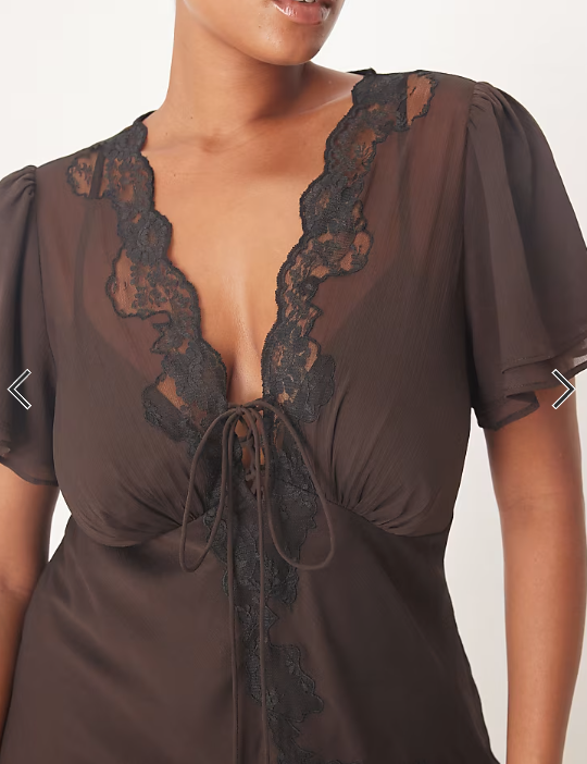 ASOS DESIGN Curve lace detail tie front midi dress in brown