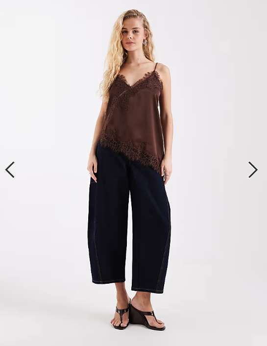 Vero Moda asymmetric lace trim satin cami top in brown