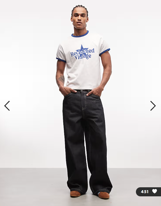 Reclaimed Vintage ringer tee with star print in white and navy blue
