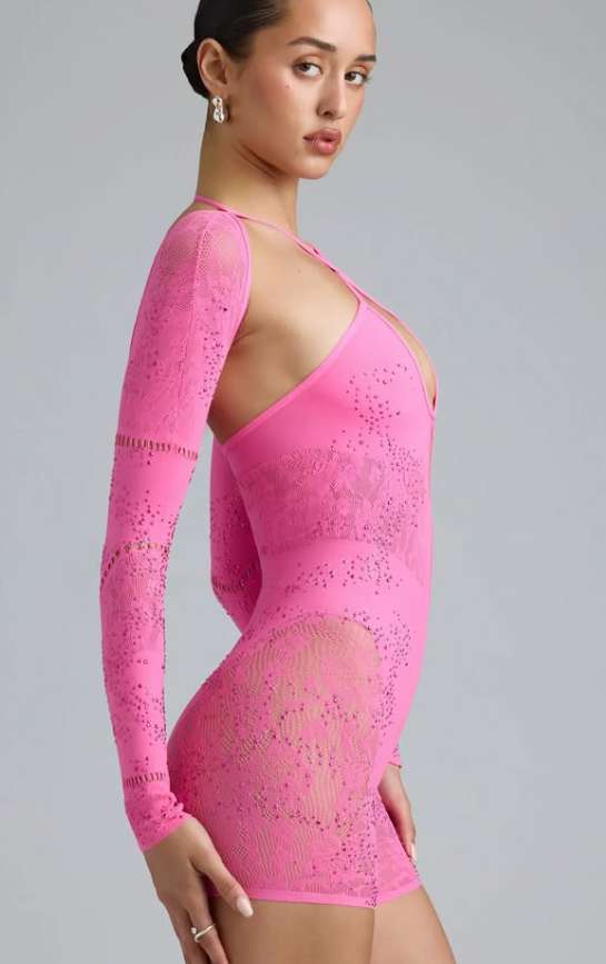 OhPolly - Melody Embellished Cut-Out Unitard in Bubblegum Pink