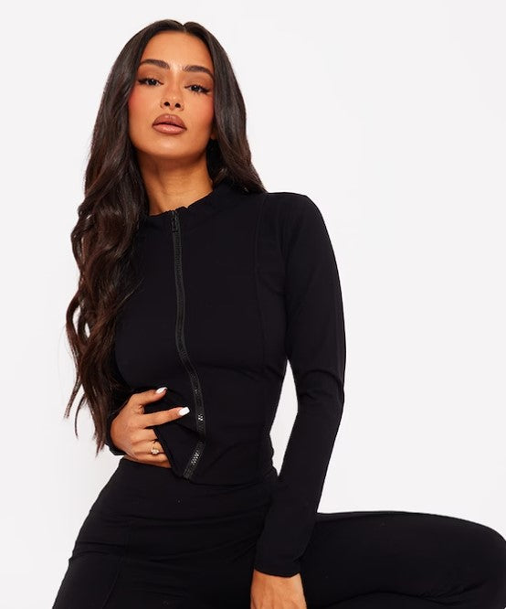 Petite Black Contour Sculpt Seam Detail Zip Up Top